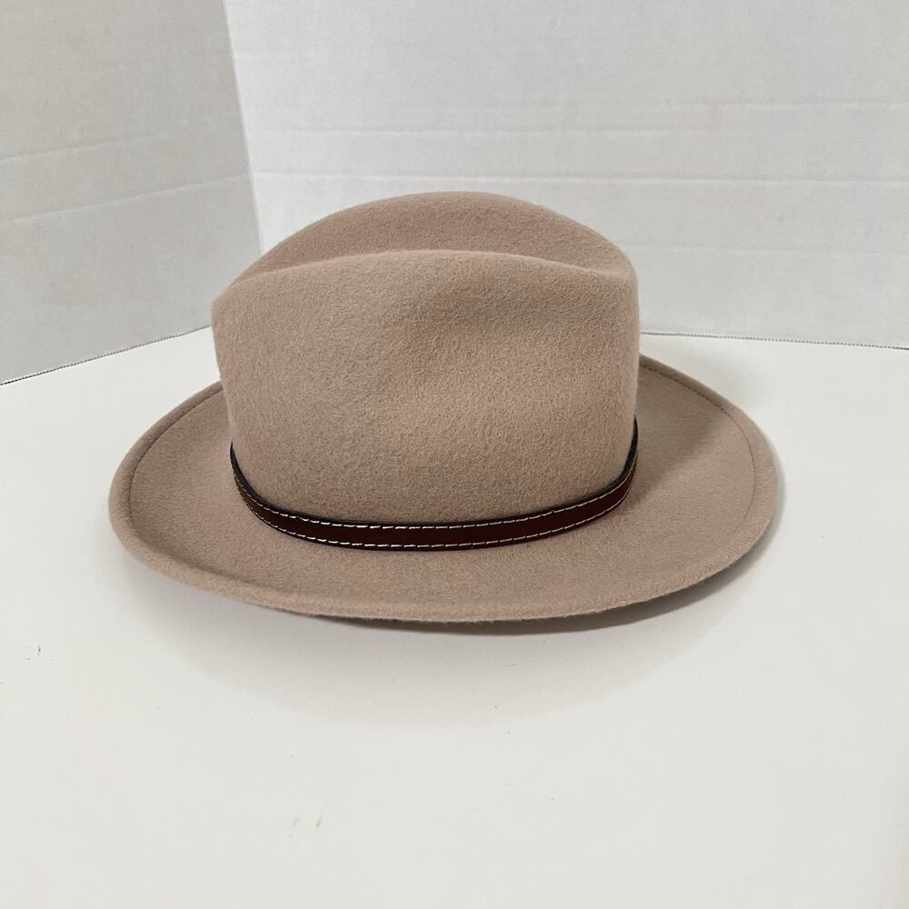 Women Galliano Sorbatti Wool Hat Medium Leather Band Fedora Taupe Made In Italy - Picture 3 of 9